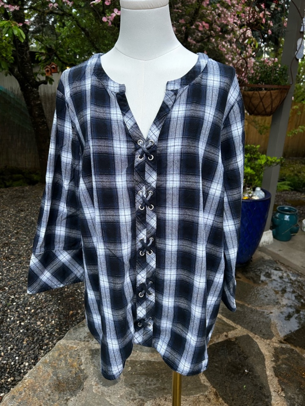 Navy Blue & White Plaid Lace-Up Blouse - Size 2X